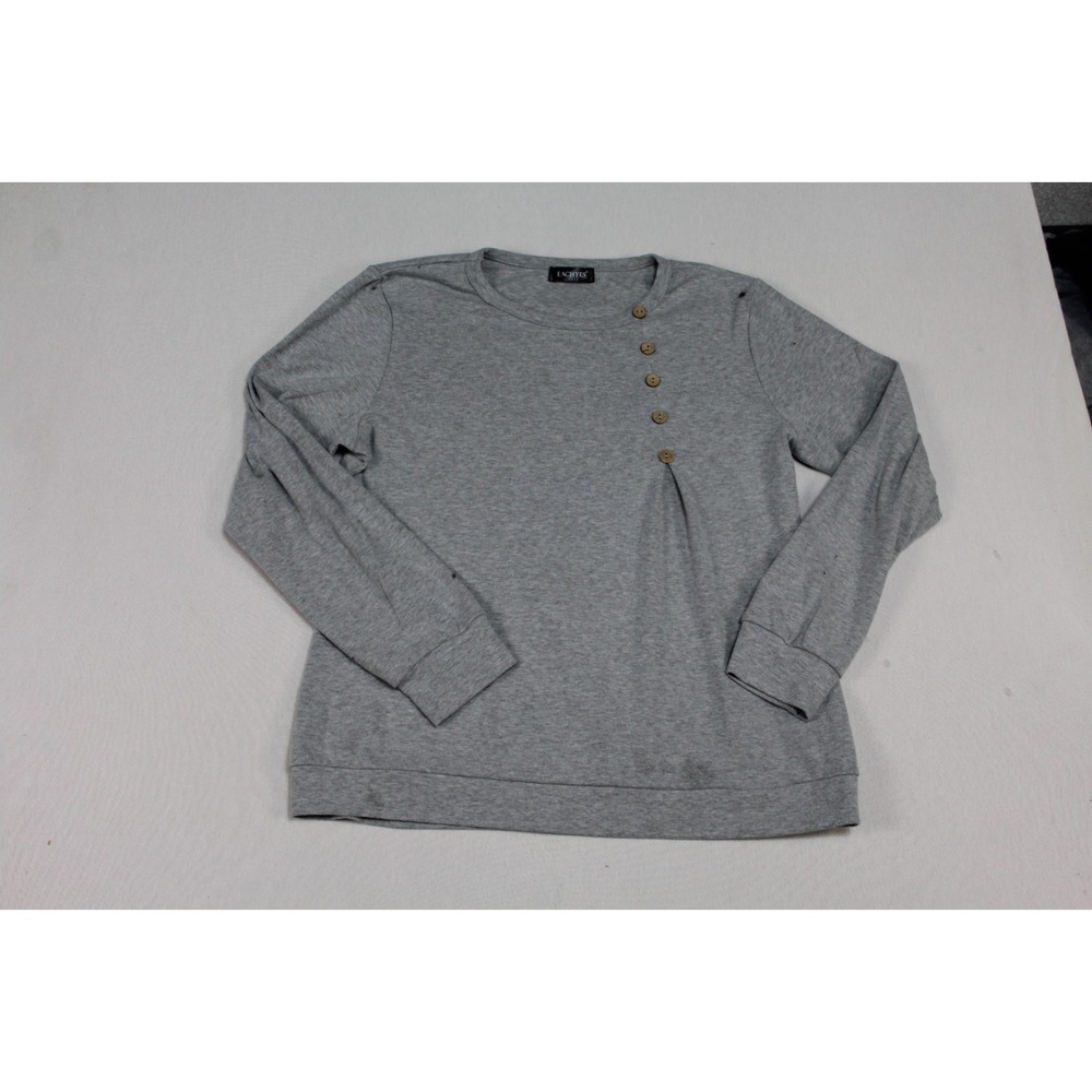 Eachyes Shirt Women Medium Gray Good Round Neck Asymmetrical Button Long Sleeve